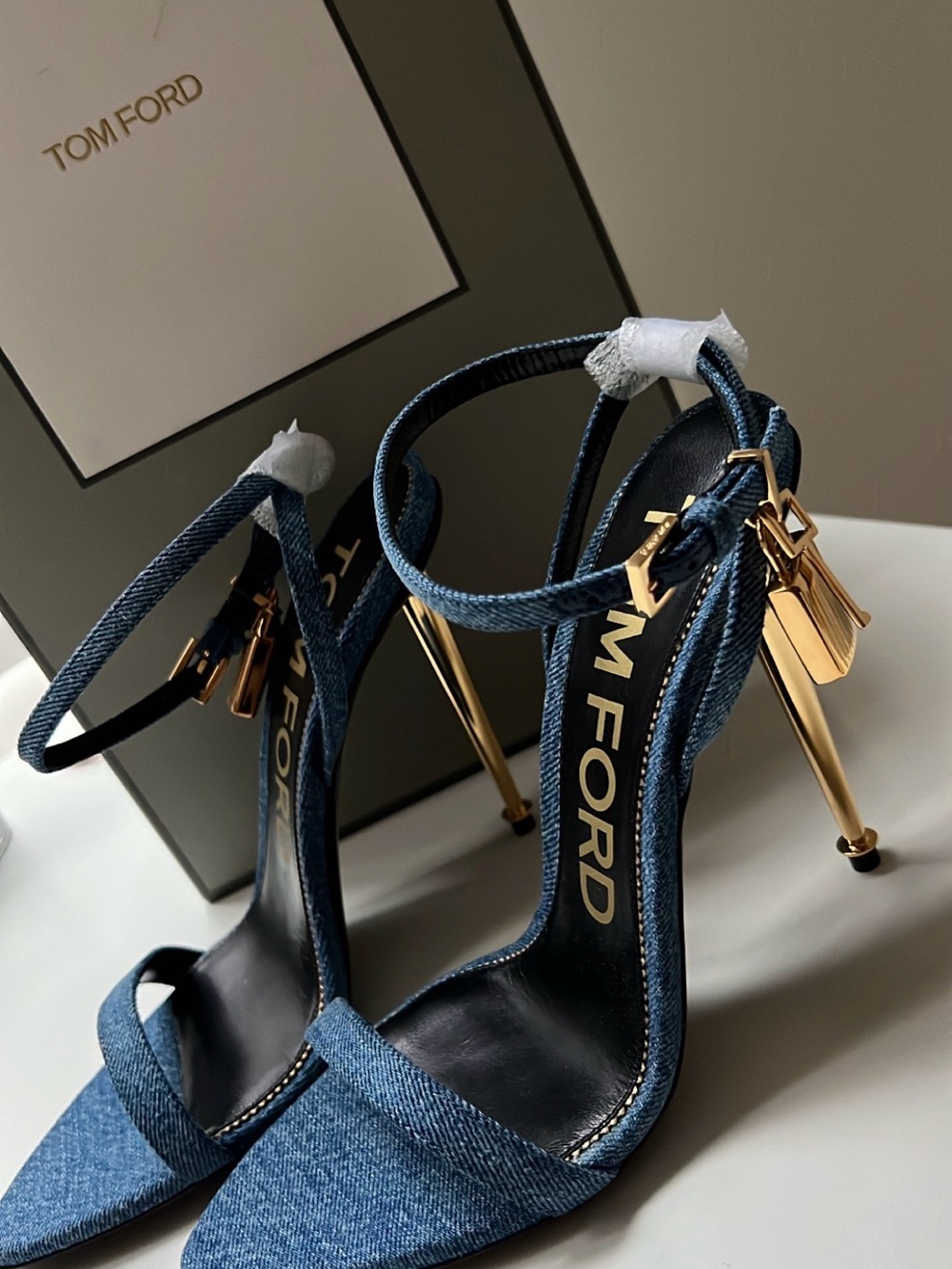 Tom Ford Denim Blue Ankle-Strap Stiletto Sandals with Gold Accents